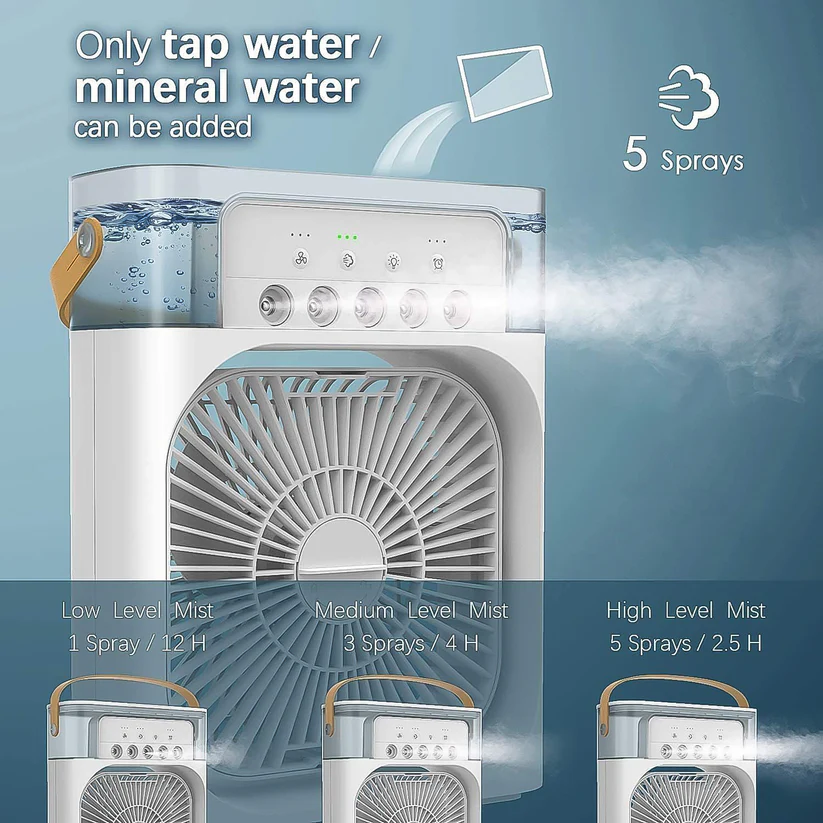 Mini AC Cooler with Water Spray, 3 Speed Modes, 7 Color LED & Timer