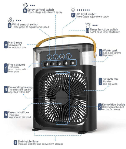 Mini AC Cooler with Water Spray, 3 Speed Modes, 7 Color LED & Timer