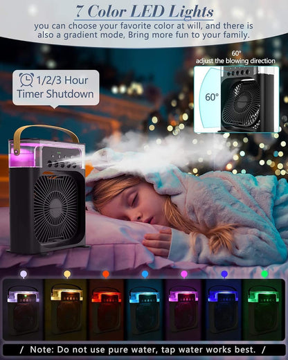 Mini AC Cooler with Water Spray, 3 Speed Modes, 7 Color LED & Timer